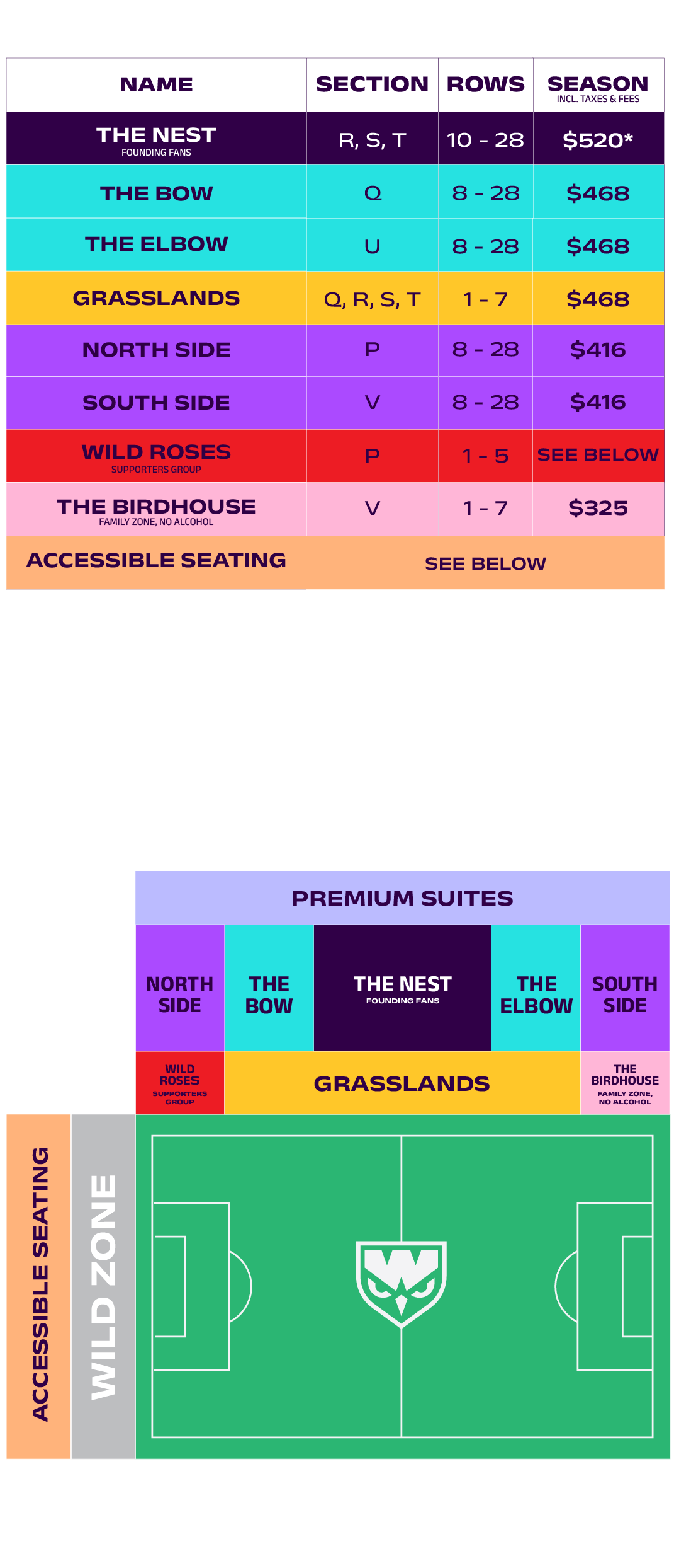 Season Ticket seating and pricing chart