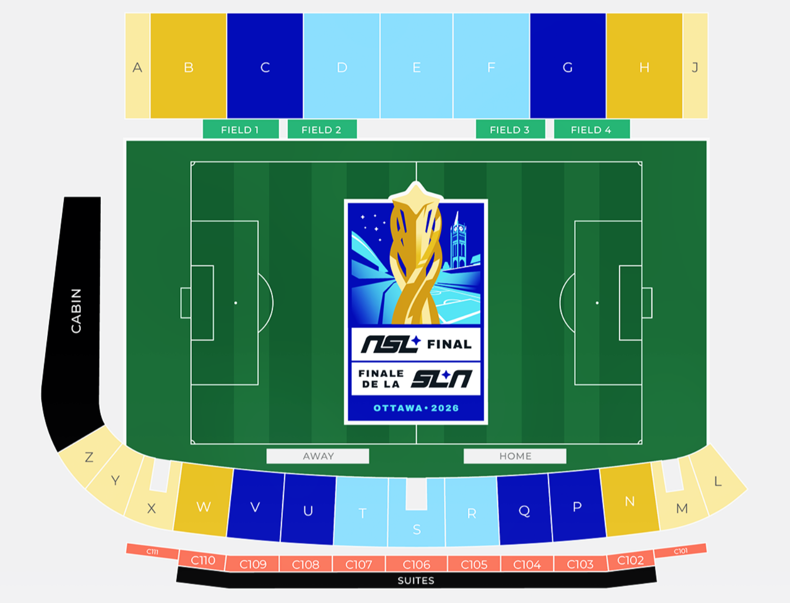 TD Place seating map for the 2026 NSL Final, colour-coded by pricing tier